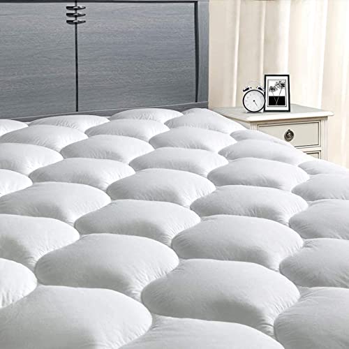  MASVIS King Mattress Pad Quilted Fitted Mattress Cover Cooling Soft Pillow Top Mattress Protector Breathable Fluffy Mattress Topper With 8-21" Deep Pocket, California King, White