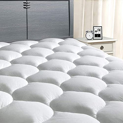  MASVIS King Mattress Pad Quilted Fitted Mattress Cover Cooling Soft Pillow Top Mattress Protector Breathable Fluffy Mattress Topper With 8-21" Deep Pocket, California King, White