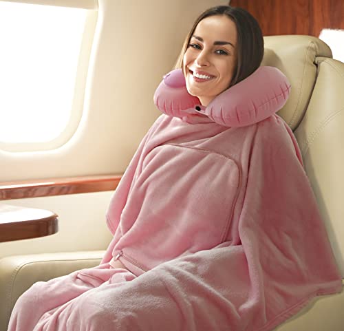  Travel Blanket And Pillow Set - Portable Inflatable Travel Neck Pillow And Premium Soft Airplane Blanket With Built-in Soft Bag, Neck Snaps, Zippered Pouch, And Hand Luggage Strap, 70" X 40" (Pink)