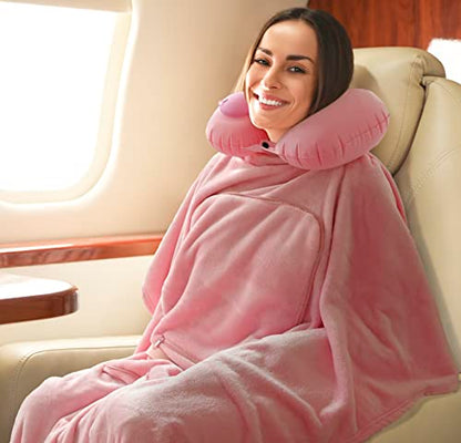  Travel Blanket And Pillow Set - Portable Inflatable Travel Neck Pillow And Premium Soft Airplane Blanket With Built-in Soft Bag, Neck Snaps, Zippered Pouch, And Hand Luggage Strap, 70" X 40" (Pink)