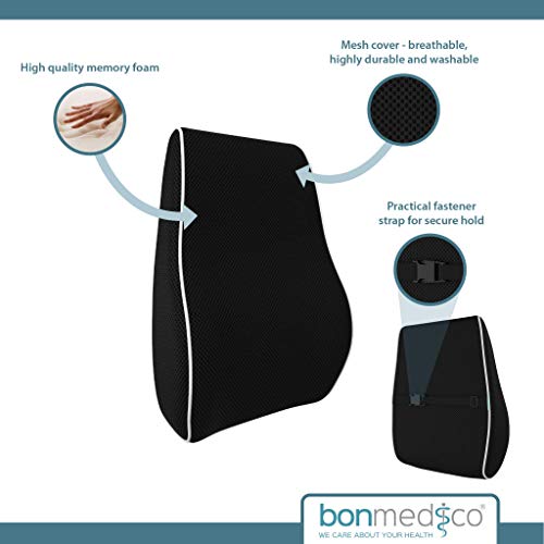  Bonmedico Back Support Pillow - Car Seat, Desk And Office Chair Cushion For Posture And Lumbar Support - Ergonomic, Memory Foam Lower Back Pillows - Black - Standard