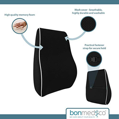  Bonmedico Back Support Pillow - Car Seat, Desk And Office Chair Cushion For Posture And Lumbar Support - Ergonomic, Memory Foam Lower Back Pillows - Black - Standard