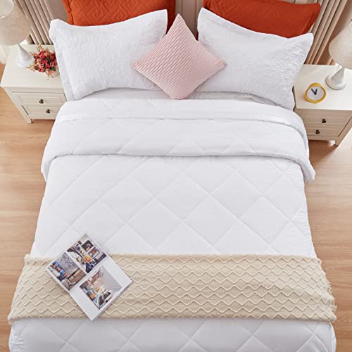  SunStyle Home Down Alternative Blanket With Satin Trim, Bedding Quilt Lightweight Comforter Soft Thin Quilted Blanket For All Seasons (Queen, White)