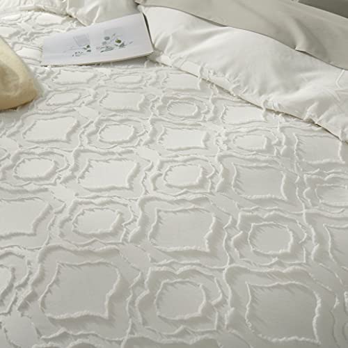  Duvet Cover Queen Size, 3 Pieces Tufted Comforter Cover Set, Soft And Embroidery Shabby Chic Boho Bedding Sets For All Seasons, White