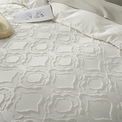  Duvet Cover Queen Size, 3 Pieces Tufted Comforter Cover Set, Soft And Embroidery Shabby Chic Boho Bedding Sets For All Seasons, White