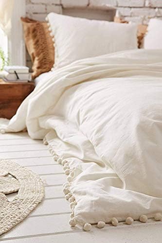  White Pom Pom Duvet Cover Fringed Cotton Cover Full Queen, 86“x90”