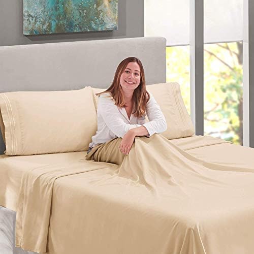  Clara Clark Premier 1800 Series 4pc Bed Sheet Set - Deep Pocket Bundle With UBER Comfort Set Of 4 Corner Adjustable Bed Sheet Straps Suspenders Grippers Fasteners (Beige Cream, King)