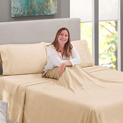  Clara Clark Premier 1800 Series 4pc Bed Sheet Set - Deep Pocket Bundle With UBER Comfort Set Of 4 Corner Adjustable Bed Sheet Straps Suspenders Grippers Fasteners (Beige Cream, King)