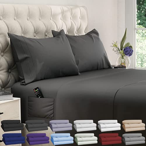  DREAMCARE Twin XL Sheets 4pcs XL Twin Sheet Set Twin XL Fitted Sheet Extra Long Twin SheetsSoft & Long Lasting 100% Fine Brushed Microfiber Polyester With Side Pocket, Gray