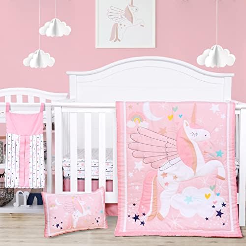  5 Piece Crib Bedding Set For Girls Unicorns Baby Girl Bedding Crib Set Nursery Bedding Sets - Crib Quilt Crib Sheet Pillowcase Crib Skirt Diaper Stacker