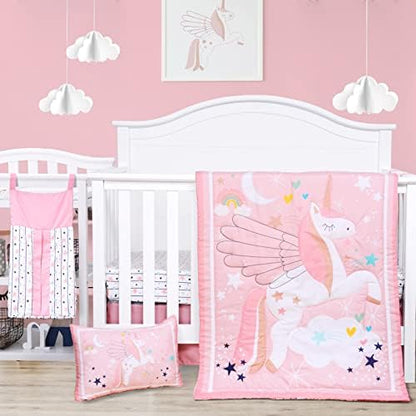  5 Piece Crib Bedding Set For Girls Unicorns Baby Girl Bedding Crib Set Nursery Bedding Sets - Crib Quilt Crib Sheet Pillowcase Crib Skirt Diaper Stacker