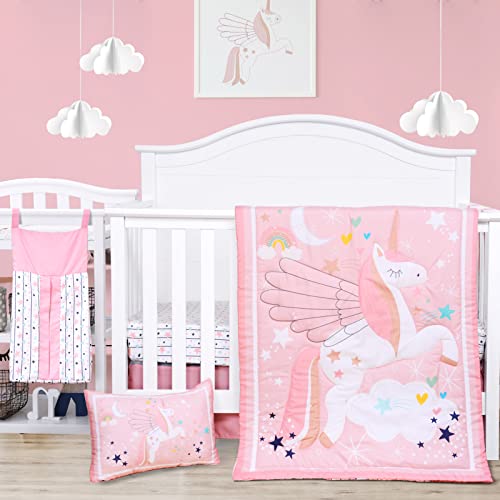  5 Piece Crib Bedding Set For Girls Unicorns Baby Girl Bedding Crib Set Nursery Bedding Sets - Crib Quilt Crib Sheet Pillowcase Crib Skirt Diaper Stacker