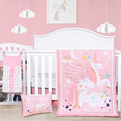  5 Piece Crib Bedding Set For Girls Unicorns Baby Girl Bedding Crib Set Nursery Bedding Sets - Crib Quilt Crib Sheet Pillowcase Crib Skirt Diaper Stacker