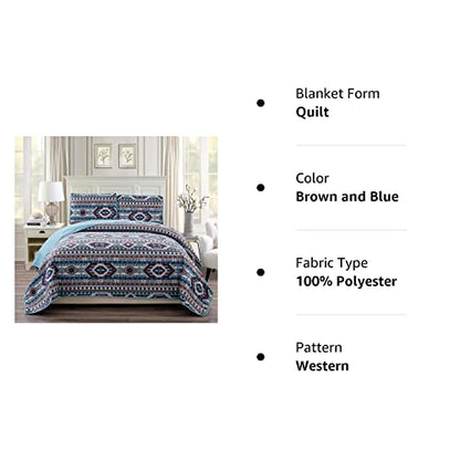  Tic Western Southwestern Native American Quilt Set In Beige Taupe Brown Turquoise And Navy Blue Colors - Bedspread Set San Antonio (Full/Queen)