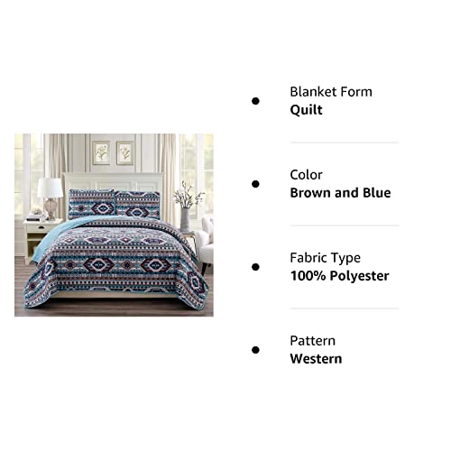  Tic Western Southwestern Native American Quilt Set In Beige Taupe Brown Turquoise And Navy Blue Colors - Bedspread Set San Antonio (Full/Queen)