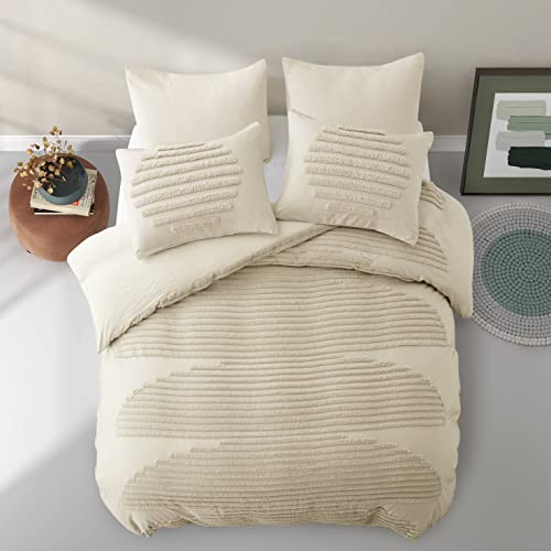  5 Pieces Full/Queen Duvet Cover Set, Boho Bedding Sets For Modern Home, Tufted And Super Soft Comforter Covers, Beige