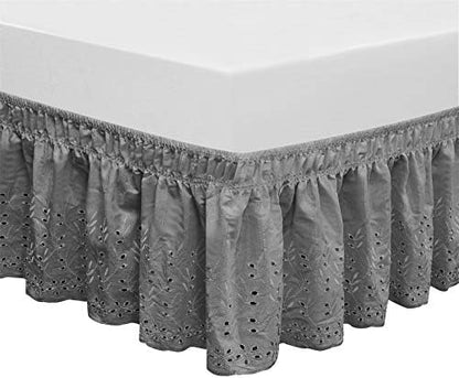  Wrap Around Elastic Eyelet Bed Skirts 14 1/2 Inches Drop Dust Ruffle Three Fabric Sides Easy On/Easy Off Adjustable Polyester Cotton(White Queen/King)