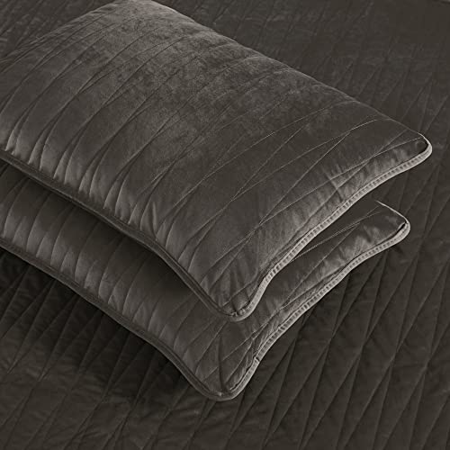  Premium Heavy Velvet Quilt Set With Cotton Backing, King, Charcoal