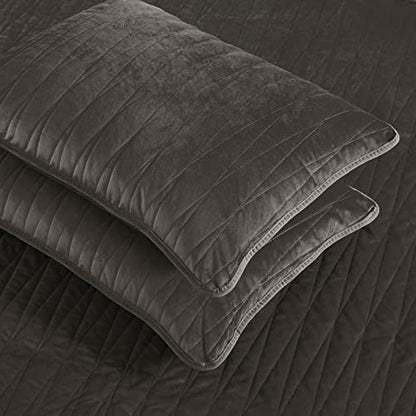  Premium Heavy Velvet Quilt Set With Cotton Backing, King, Charcoal
