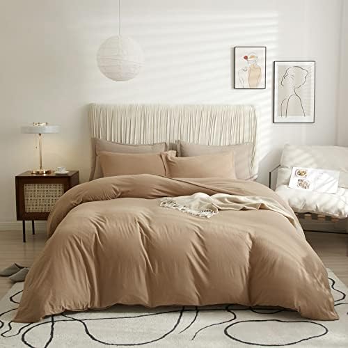  Queen Beige Duvet Cover Washed Microfiber Cream Beige Tan Khaki Quilt Cover Sets Queen Size 3 Pieces Tan Solid Color Bedding Sets (1 Queen Beige Duvet Cover And 2 Pillow Shams)