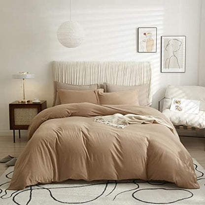  Queen Beige Duvet Cover Washed Microfiber Cream Beige Tan Khaki Quilt Cover Sets Queen Size 3 Pieces Tan Solid Color Bedding Sets (1 Queen Beige Duvet Cover And 2 Pillow Shams)