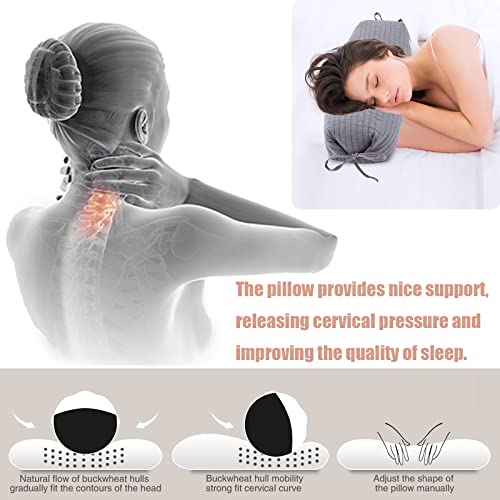  Adjustable Buckwheat Pillow With Washable Cotton Pillowcase, Neck Roll Pillow For Sleeping, Cylinder Cervical Pillow For Neck Pain Relief, Round Support Firm Buckwheat Husk Hull Pillows Grey