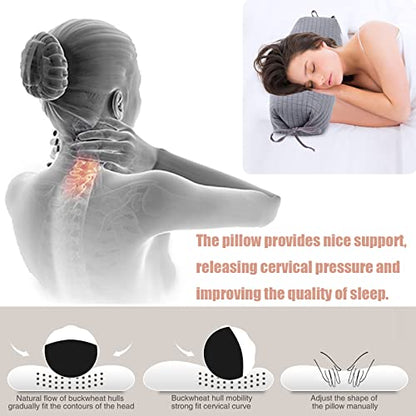 Adjustable Buckwheat Pillow With Washable Cotton Pillowcase, Neck Roll Pillow For Sleeping, Cylinder Cervical Pillow For Neck Pain Relief, Round Support Firm Buckwheat Husk Hull Pillows Grey