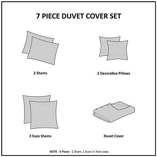  Duvet Set 100% Cotton Jacquard, Tufts Accent, Shabby Chic All Season Cover For Comforter, Matching Shams, Decorative Pillows, Full/Queen (88 In X 92 In), Charcoal 7 Piece