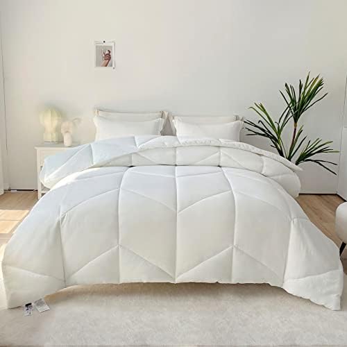  MILDLY Queen Comforter Set - White Bedding Comforter Sets 100% Washed Microfiber Super Soft 3 PCS, All Season Fluffy Lightweight Down Alternative Quilted Comforter 88x88 Inches, 2 Pillow Shams