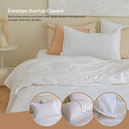  French Linen Duvet Cover Set 3pcs With Hidden Zipper Closure Natural Flax Cotton Blend Solid Color Soft Breathable Luxury Farmhouse Bedding -Queen Size, White
