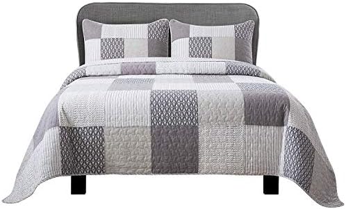  Cotton 3-Piece Quilt Set - Queen Size With 2 Shams: In The Mist Farmhouse Patchwork Bedding, Country Quilted Bedspread, Gray Bedding Lodge Comforter, Bedspreads & Coverlets
