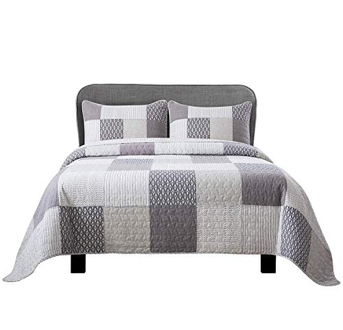  Cotton 3-Piece Quilt Set - Queen Size With 2 Shams: In The Mist Farmhouse Patchwork Bedding, Country Quilted Bedspread, Gray Bedding Lodge Comforter, Bedspreads & Coverlets