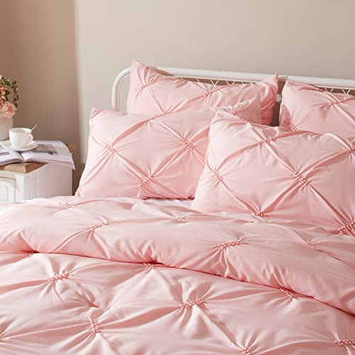  Queen Comforter Set -Pintuck Down Alternative Comforters With 2 Pillow Shams, Soft Queen Size Bedding Comforter Sets Lightweight All Season (Pink,88x88 Inches, 3 Pieces)