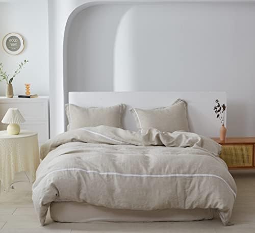  Simple&Opulence 100% Linen Duvet Cover Set Comforter King Size (104" X 92")-3pcs French Washed Flax Textured Soft Bedding With Striped Detail, 1 Duvet Cover And 2 Pillowcases (Grey)