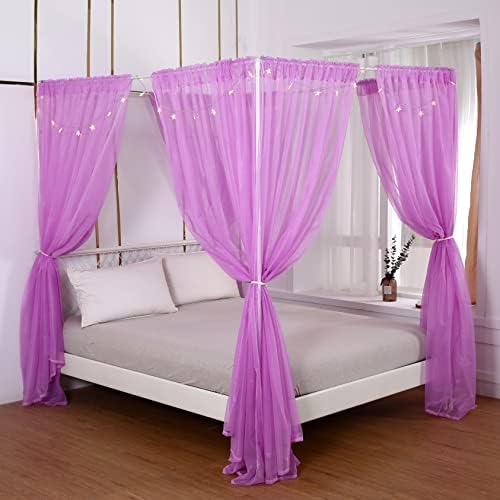  Princess Canopy Bed Curtains Bed Canopy Curtains With Lights For Queen Size Bed Drapes,8 Panels Canopies With 2 Lights,Room Décor (Full/Queen, White)