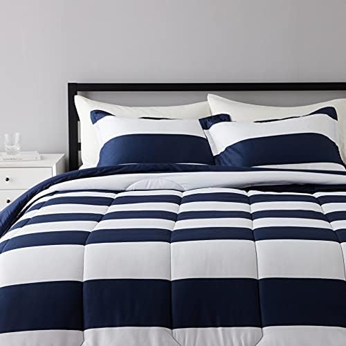  Amazon Basics Reversible Comforter Set, Twin / Twin XL, Blue Harbor Stripes, Microfiber, Ultra-Soft