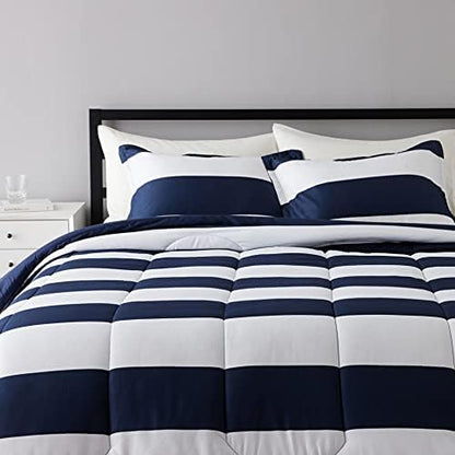  Amazon Basics Reversible Comforter Set, Twin / Twin XL, Blue Harbor Stripes, Microfiber, Ultra-Soft