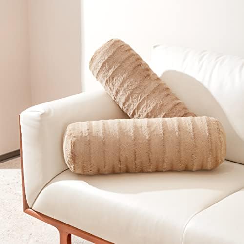  Cheer Collection Set Of 2 Faux Fur Bolster Pillows, Decorative Roll Pillow For Couch With Removable Washable Cover, Cylinder Neck Pillows For Bed, Chair Or Sofa, 8” X 24” Inch, White