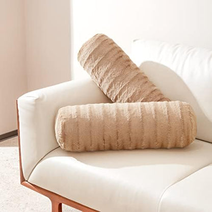  Cheer Collection Set Of 2 Faux Fur Bolster Pillows, Decorative Roll Pillow For Couch With Removable Washable Cover, Cylinder Neck Pillows For Bed, Chair Or Sofa, 8” X 24” Inch, White