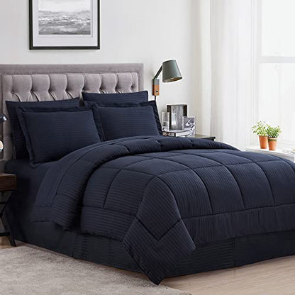  Queen Comforter Set 8 Piece Bed In A Bag With Bed Skirt, Fitted Sheet, Flat Sheet, 2 Pillowcases, 2 Pillow Shams, Queen, Dobby Navy