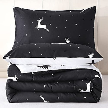  Mengersi Christmas Bed In A Bag 7-Pieces Comforter Sets,Christmas Deer Tree Comforter Set Bed Sheets,Pillow Shams, Flat Sheet, Fitted Sheet And Pillowcases,Black And White Bedding Sets(Deer,King)
