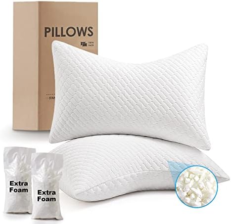  Memory Foam Pillows King For Sleeping Adjustable Fill Bed Pillows Cool Bamboo Surface Pillows With Washable Pillowcase, Extra Fill 2 Packs(0.9LB) Included