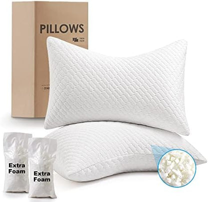  Memory Foam Pillows King For Sleeping Adjustable Fill Bed Pillows Cool Bamboo Surface Pillows With Washable Pillowcase, Extra Fill 2 Packs(0.9LB) Included