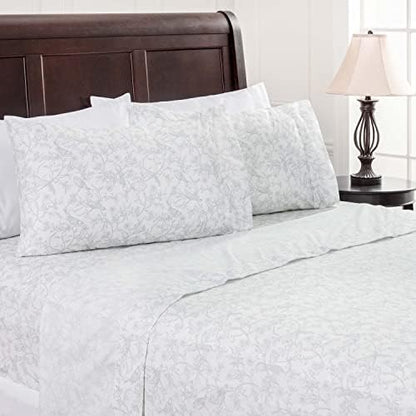  Traditional Floral Printed Elegant Patterned King Bed Sheet Set 4-Piece - 1 Flat Sheet 1 Fitted Sheet And 2 Pillowcases - Ultra Soft Wrinkle Stain Resistant Microfiber Sheets - Blue