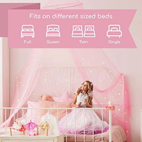  D Canopy For Girls With Glowing Stars - Princess Pink Baby Canopy For Bed, Netting Room Decor, Ceiling Tent, Canopy For Crib | Single, Twin, Full, Queen Size Kids Bed Curtains, Fire Retardant Fabric