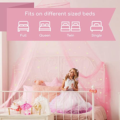  D Canopy For Girls With Glowing Stars - Princess Pink Baby Canopy For Bed, Netting Room Decor, Ceiling Tent, Canopy For Crib | Single, Twin, Full, Queen Size Kids Bed Curtains, Fire Retardant Fabric