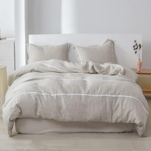  Simple&Opulence 100% Linen Duvet Cover Set Comforter King Size (104" X 92")-3pcs French Washed Flax Textured Soft Bedding With Striped Detail, 1 Duvet Cover And 2 Pillowcases (Grey)
