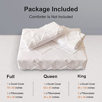  White Tufted Duvet Cover King Size (104x90 Inch), 3 Pieces Boho Soft Microfiber Bedding For All Seasons, Shabby Chic Embroidery Geometric Comforter Cover With Zipper Closure Corner Ties