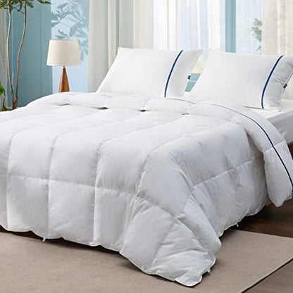  Goose Down Comforter Queen Size - Feather Down Comforter Queen For All Seasons, Extra Fluffy Queen Duvet Insert, 8 Corner Tabs, Machine Washable (90x90 Inches, 53 Oz)
