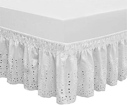  Wrap Around Elastic Eyelet Bed Skirts 14 1/2 Inches Drop Dust Ruffle Three Fabric Sides Easy On/Easy Off Adjustable Polyester Cotton(White Queen/King)